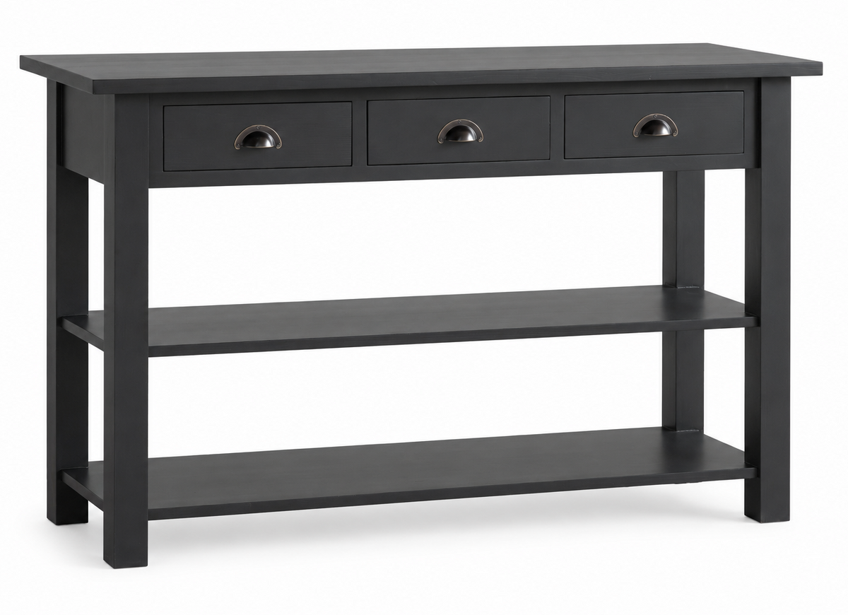Console Camille, 3 tiroirs D244, 146 × 47 × 90 cm, vue officielle 2. Autres meubles et décoration vendus séparément.