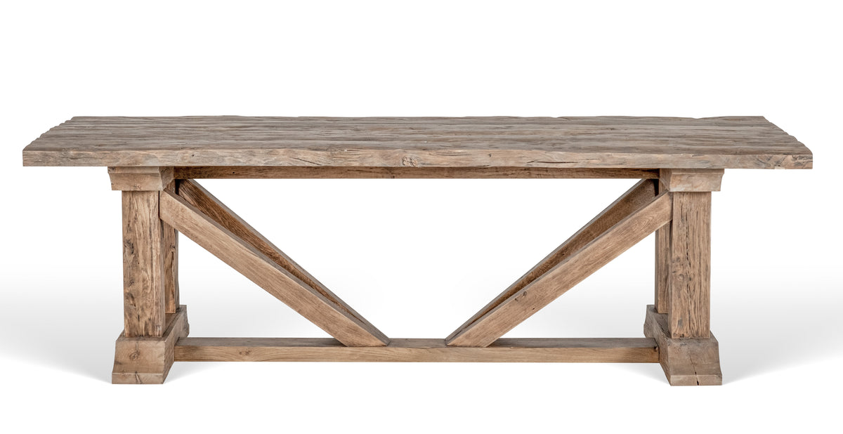 Table de ferme Honoré D947CBARN en chêne recyclé, 220 × 110 × 75 cm, vue officielle 1. Autres meubles et décoration vendus séparément.