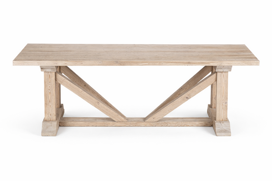 Table Honoré D947BARN en pin recyclé, 220 × 110 × 75 cm, vue officielle 1. Chaises et décoration vendues séparément.
