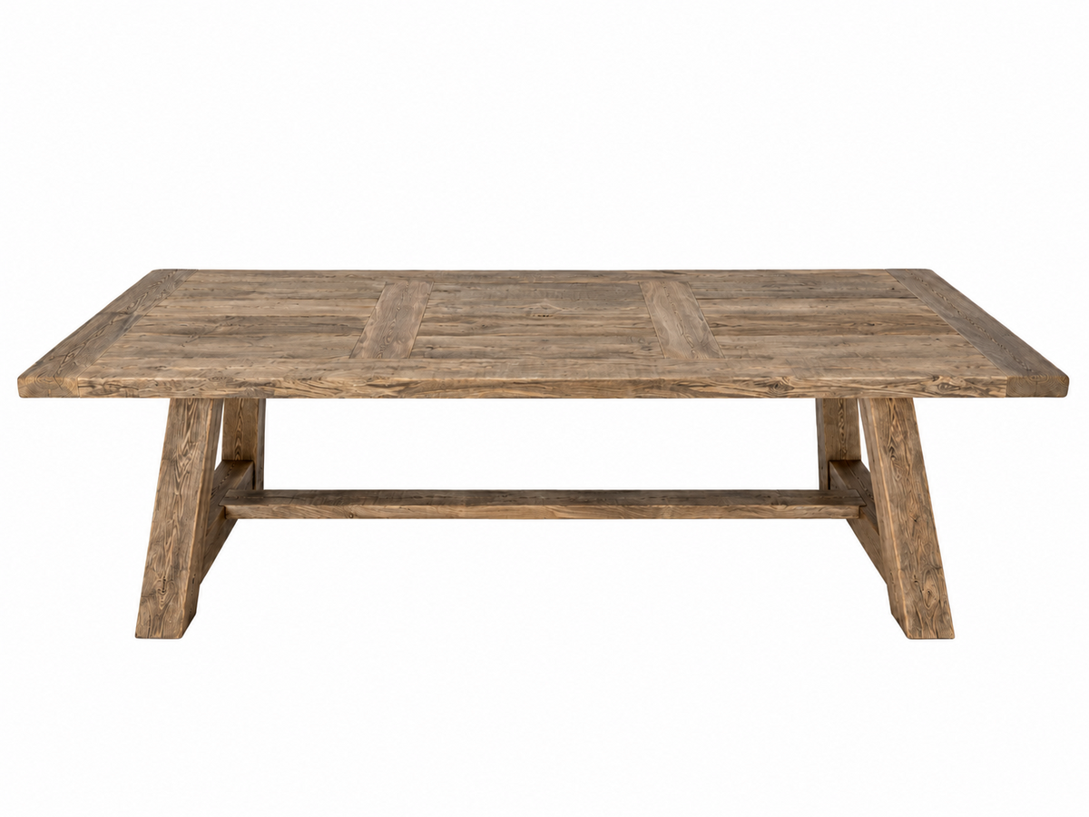 Table Hector D959CBARN en chêne recyclé, 280 × 100 × 78 cm, vue officielle 1. Chaises et décoration vendues séparément.