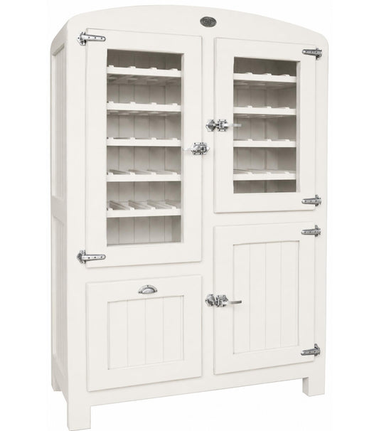 Photo officielle du meuble bar vitré Rosiris D548, présenté dans une finition blanche avec rangements pour bouteilles.