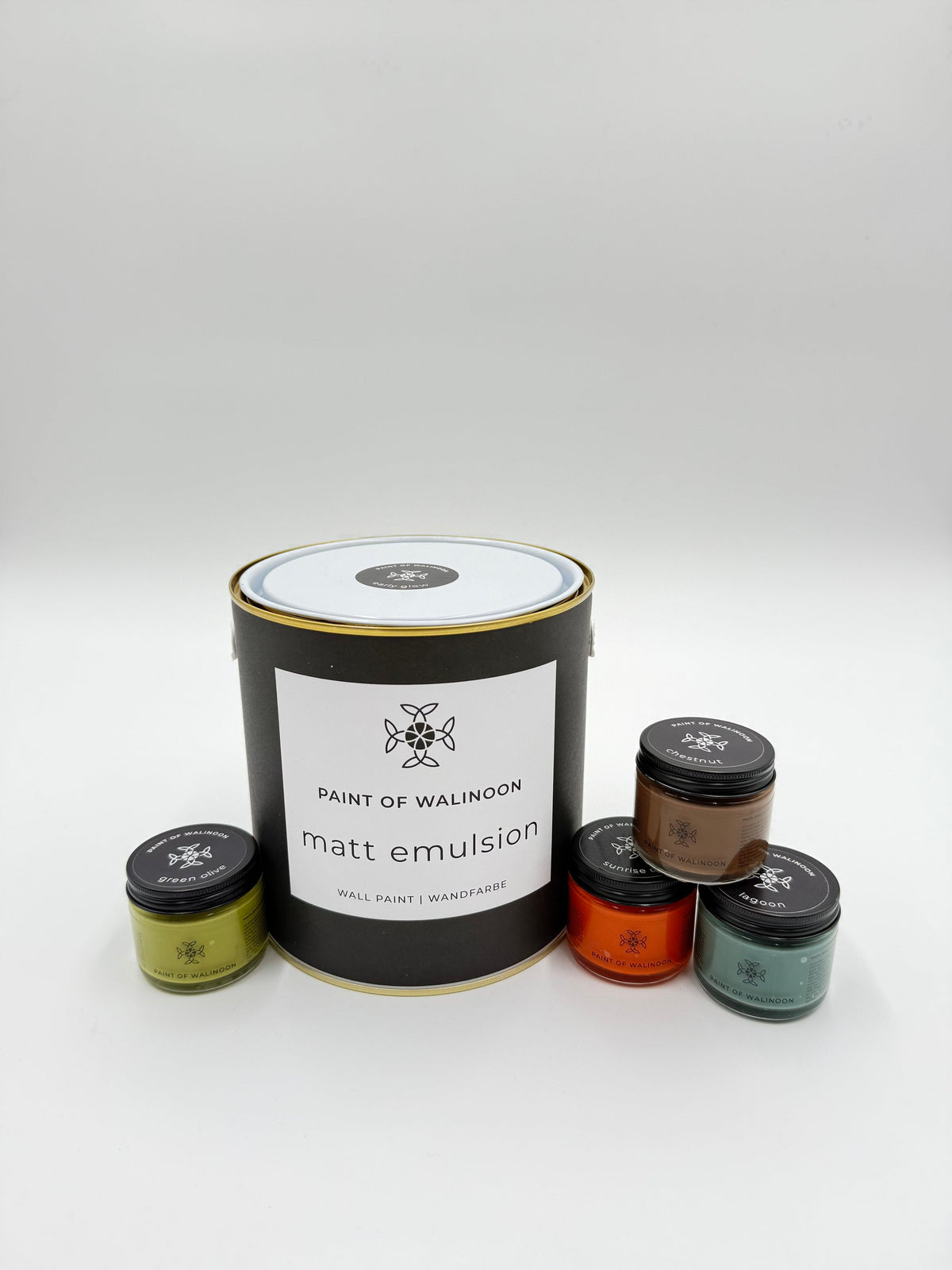 Petits pots d’essai Matt Emulsion de 50 ml, présentés à côté du pot de 2,5 L — Paint of Walinoon.