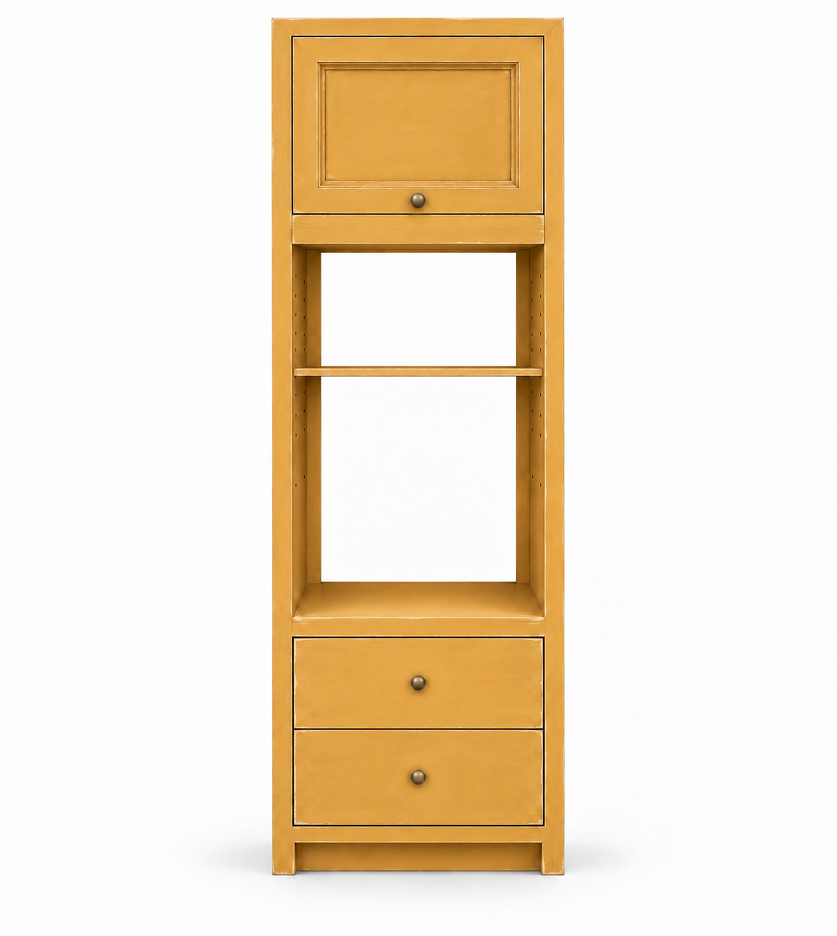 Armoire four et micro-ondes ARMF Rosiris, finition Patiné Sahara, deux niches sans fond avec traverse centrale amovible, une porte haute et deux tiroirs sans traverse intermédiaire.