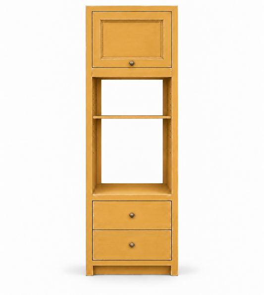 Armoire four et micro-ondes ARMF Rosiris, finition Patiné Sahara, deux niches sans fond avec traverse centrale amovible, une porte haute et deux tiroirs sans traverse intermédiaire.