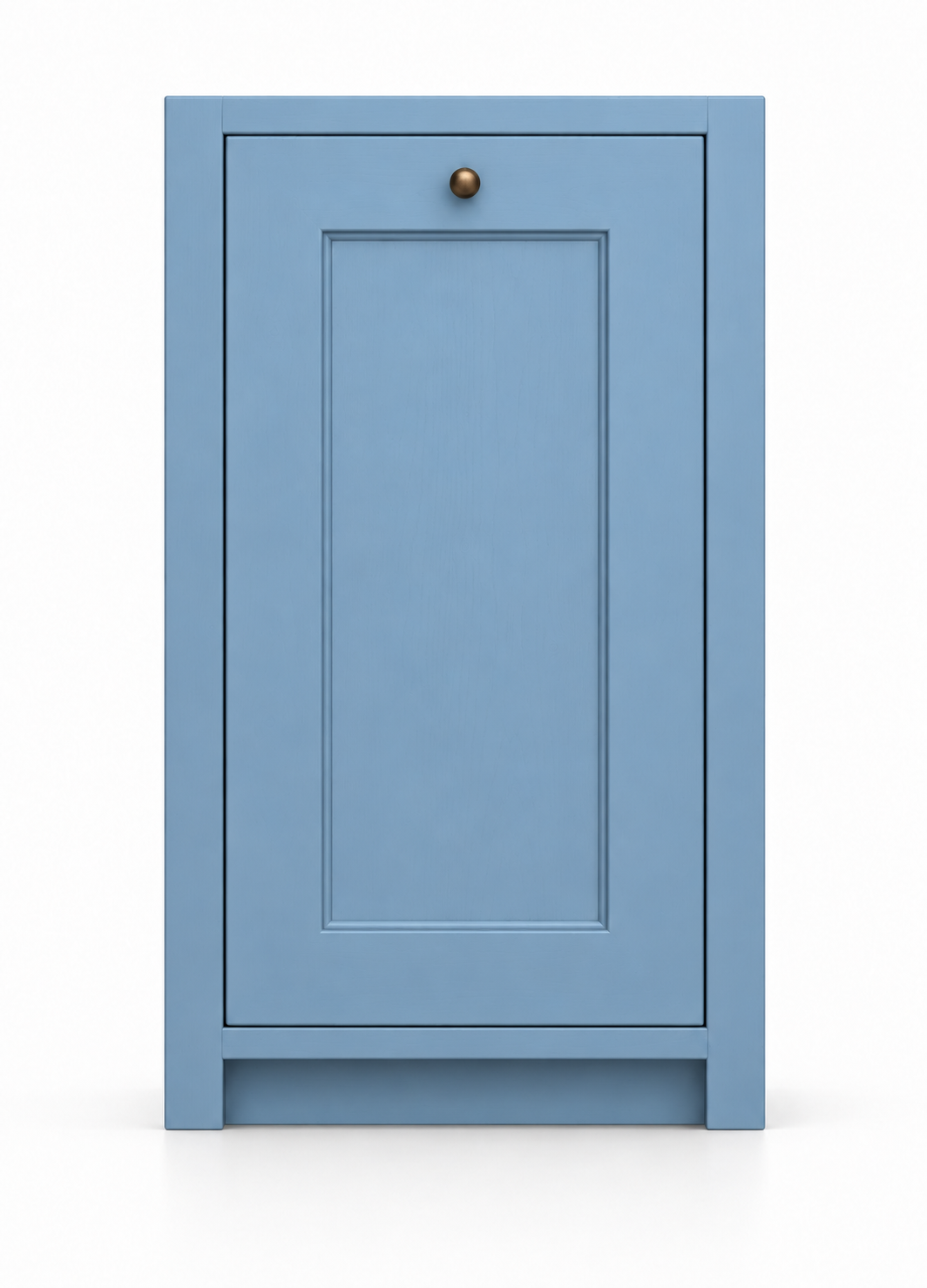Meuble poubelle B-OUB Rosiris fermé, vue de face en Bleu Danois, façade moulurée à bouton bronze et assemblages masqués par la peinture.