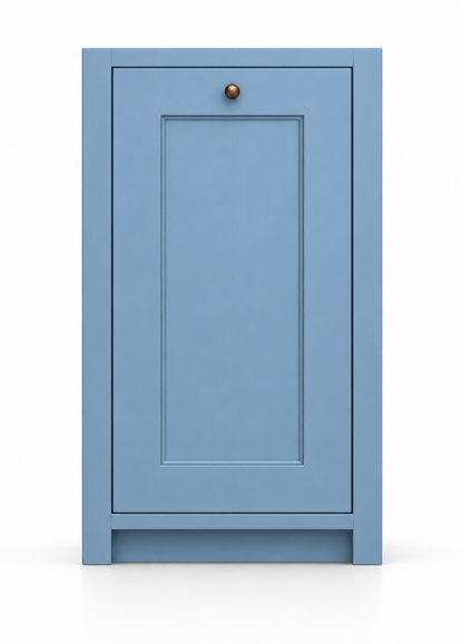 Meuble poubelle B-OUB Rosiris fermé, vue de face en Bleu Danois, façade moulurée à bouton bronze et assemblages masqués par la peinture.