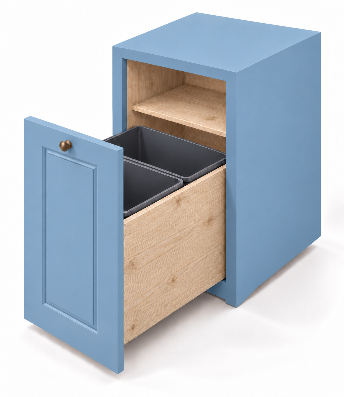 Meuble poubelle B-OUB Rosiris ouvert en Bleu Danois, deux bacs de 40 litres, intérieur en pin massif Vintage Brosse Nature, dessus et côté fermés sans vis apparentes.