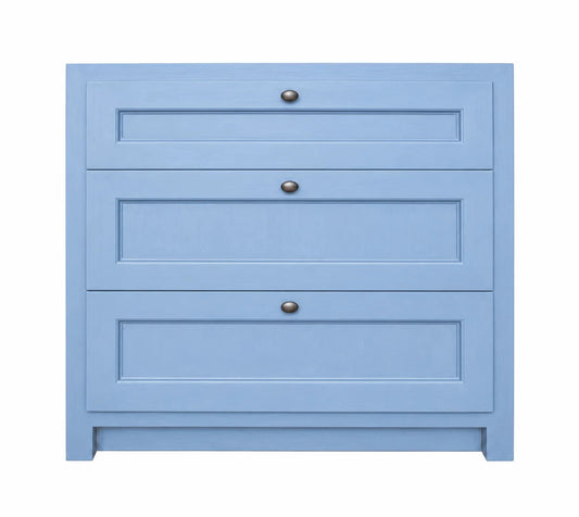 Meuble bas Rosiris C02 à trois tiroirs, 90 cm, vue de face. Visuel de présentation recolorisé en finition Classic · Bleu Danois.
