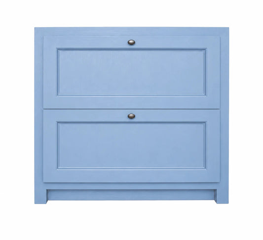 Meuble bas Rosiris C04 à deux tiroirs, 90 cm, vue de face. Visuel de présentation recolorisé en finition Classic · Bleu Danois.