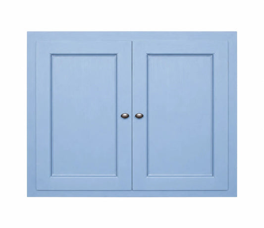 Meuble haut Rosiris C11 à deux portes pleines moulurées, 90 cm, avec deux boutons centraux. Visuel de présentation recolorisé en finition Classic · Bleu Danois.