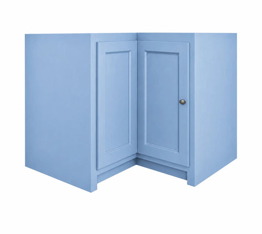 Meuble d’angle Rosiris C598, 100 × 100 cm, portes fermées, sans plan de travail. Visuel de présentation recolorisé en finition Classic · Bleu Danois.