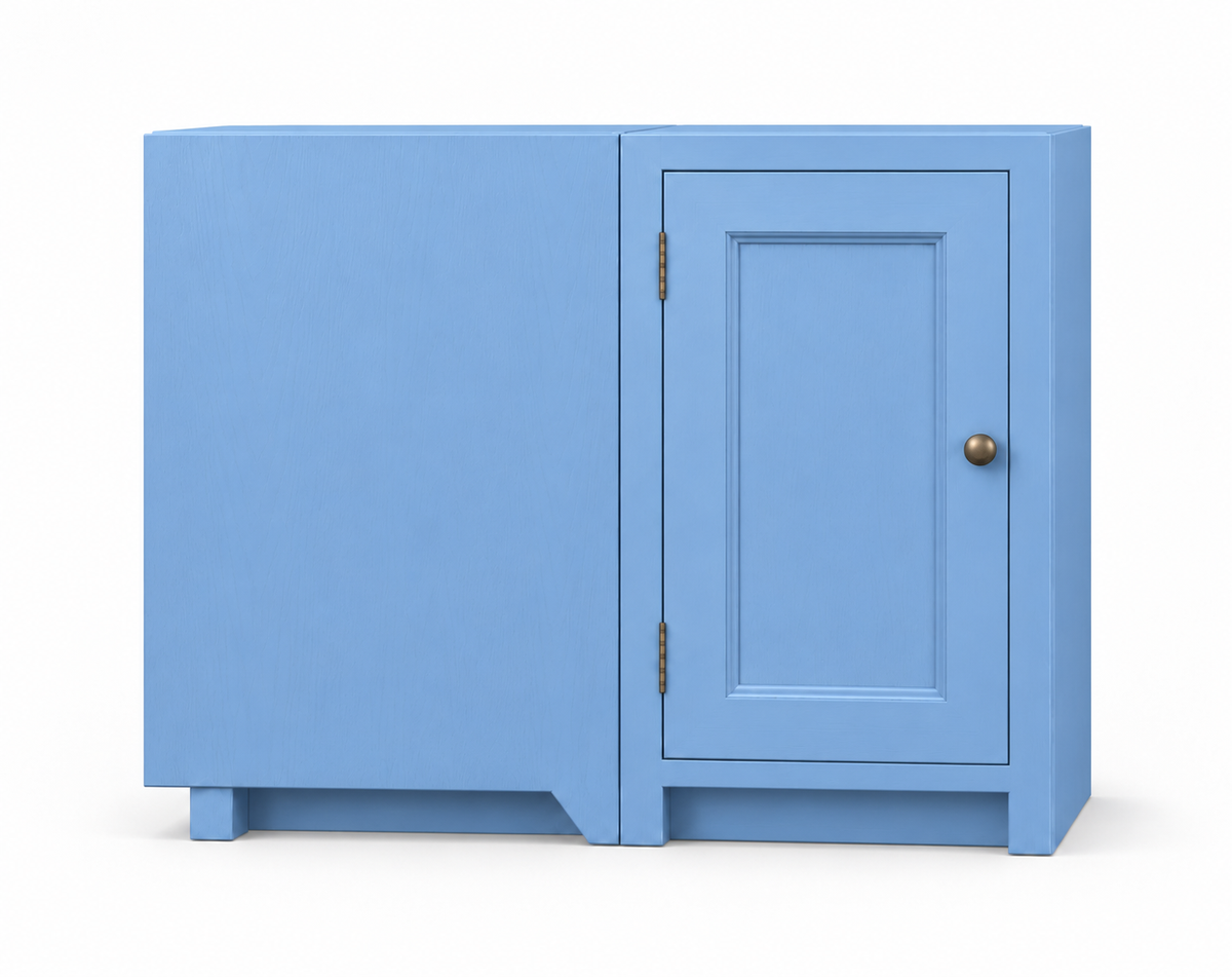 Visualisation du meuble d’angle aveugle CR450-L Rosiris en Bleu Danois, longueur 950 mm, façade visible 450 mm : partie aveugle à gauche et porte à droite.