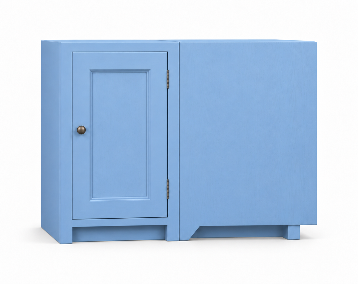 Visualisation du meuble d’angle aveugle CR450-R Rosiris en Bleu Danois, longueur 950 mm, façade visible 450 mm : porte à gauche et partie aveugle à droite.