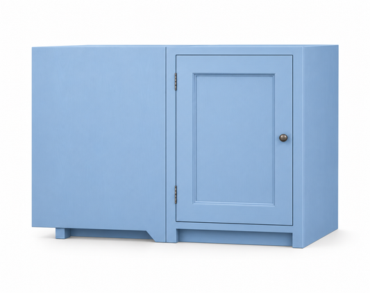 Meuble d’angle aveugle CR598 Rosiris en Bleu Danois, version gauche : partie aveugle à gauche et porte à droite, dimensions 110 × 57 × 86 cm.