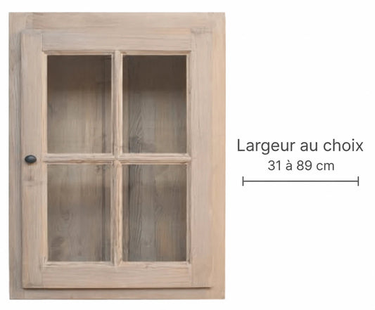 Meuble haut vitré Bastide CSP02 Rosiris en bois clair, une porte vitrée. Largeur au choix de 31 à 89 cm, repère gris discret.