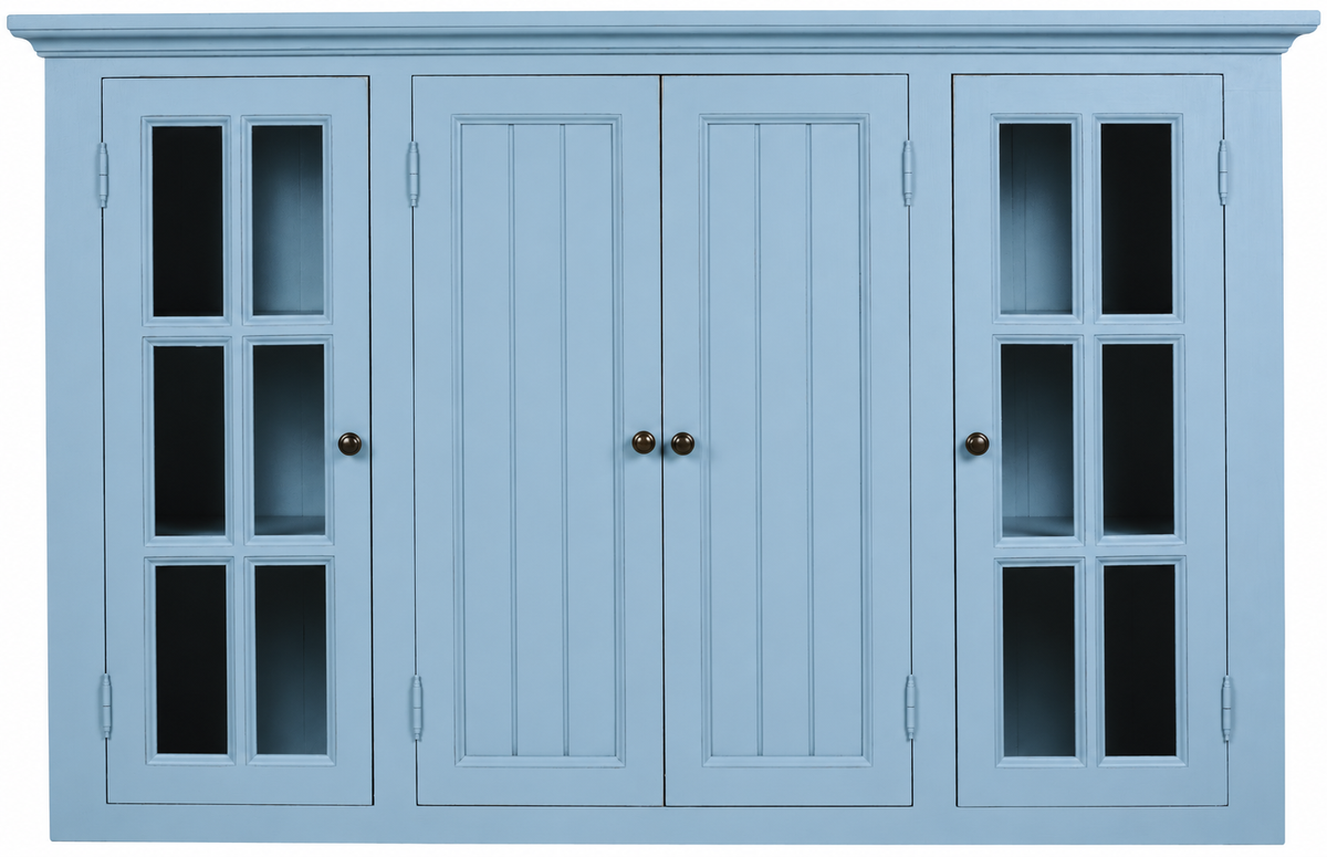 Module haut D648 Rosiris en pin, quatre portes dont deux vitrées. Visuel de présentation recolorisé en finition Classic · Bleu Danois.