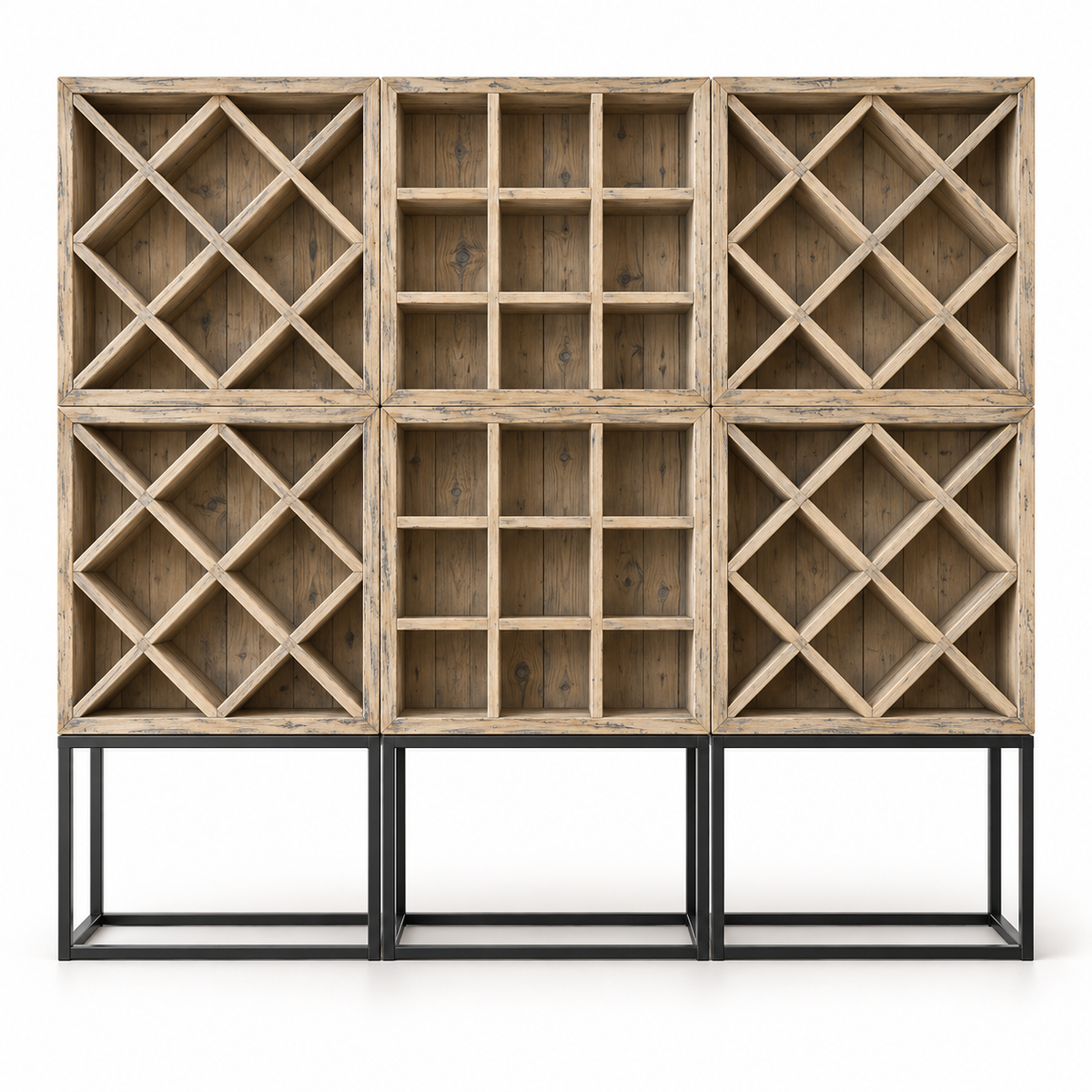 Composition Arthus A en finition Vintage Vieux Bois : quatre casiers D787 et deux D788 sur trois cadres hauts D791. Illustration réaliste ; finition indicative.