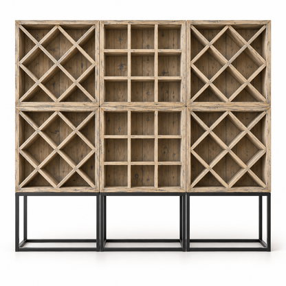 Composition Arthus A en finition Vintage Vieux Bois : quatre casiers D787 et deux D788 sur trois cadres hauts D791. Illustration réaliste ; finition indicative.