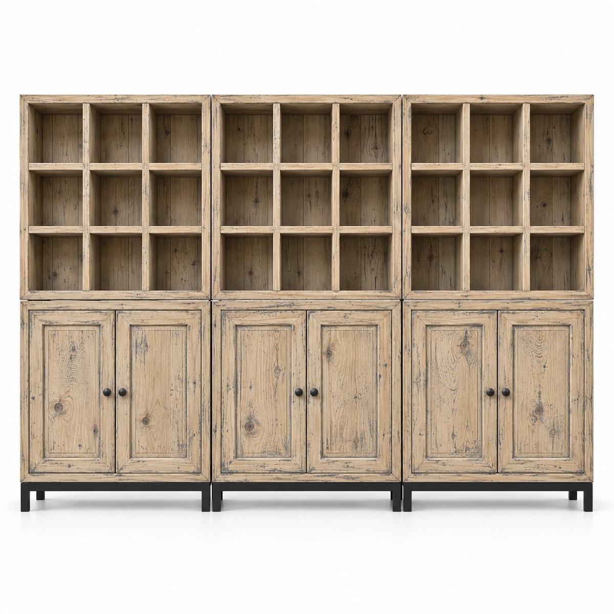 Composition Arthus B en finition Vintage Vieux Bois : trois casiers D788 au-dessus de trois caissons D789, sur trois piètements bas D792. Illustration réaliste ; finition indicative.