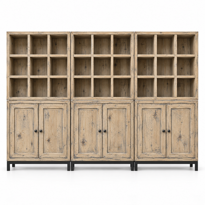 Composition Arthus B en finition Vintage Vieux Bois : trois casiers D788 au-dessus de trois caissons D789, sur trois piètements bas D792. Illustration réaliste ; finition indicative.