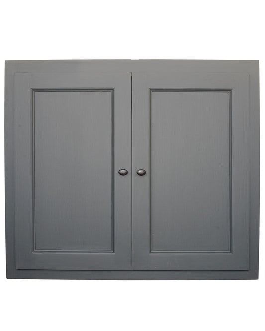 Meuble haut Rosiris C11 en pin, deux portes pleines moulurées, 90 cm de large, vue de face dans une finition grise.