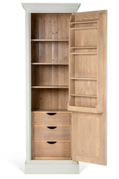Armoire de cuisine Gustave D936 Rosiris, porte ouverte : vue des étagères, des trois tiroirs et des rangements de porte.